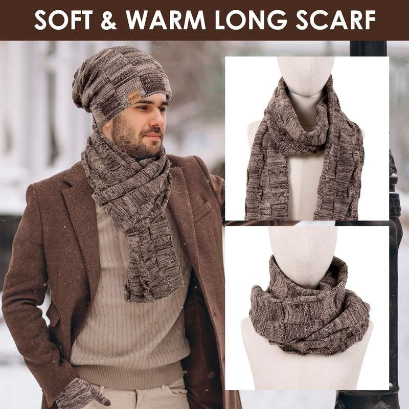 3PC Winter Beanie Scarf Gloves Set Warm Knit Hat with Fleece Lining Cozy Long Scarf and Touch Screen Gloves