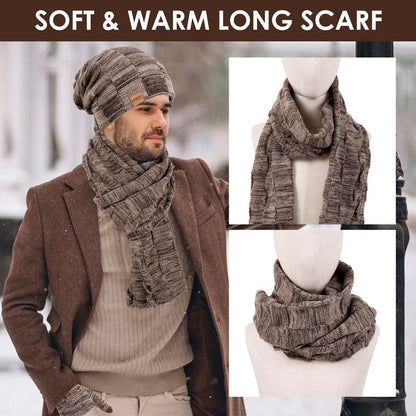 3PC Winter Beanie Scarf Gloves Set Warm Knit Hat with Fleece Lining Cozy Long Scarf and Touch Screen Gloves