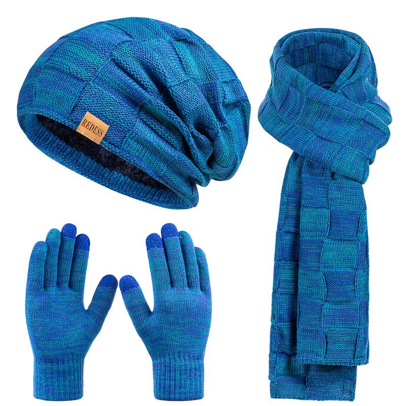 3PC Winter Beanie Scarf Gloves Set Warm Knit Hat with Fleece Lining Cozy Long Scarf and Touch Screen Gloves