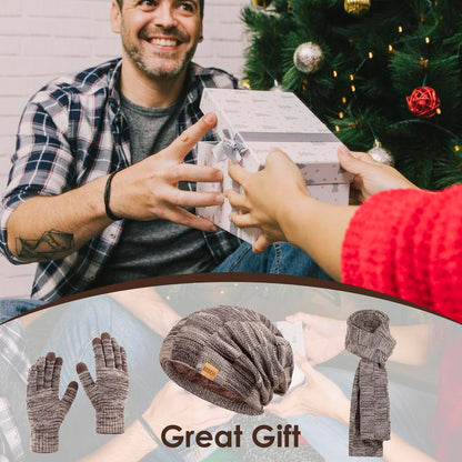 3PC Winter Beanie Scarf Gloves Set Warm Knit Hat with Fleece Lining Cozy Long Scarf and Touch Screen Gloves