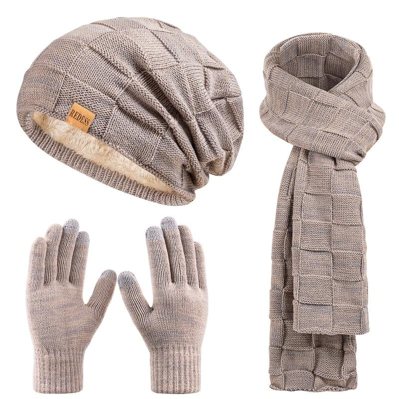 3PC Winter Beanie Scarf Gloves Set Warm Knit Hat with Fleece Lining Cozy Long Scarf and Touch Screen Gloves