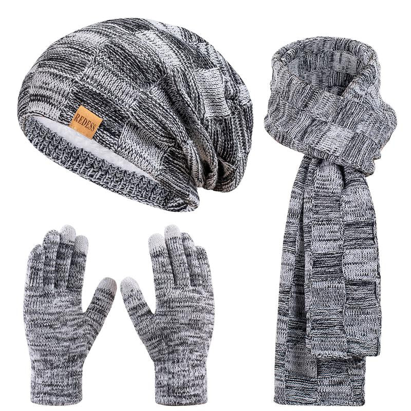 3PC Winter Beanie Scarf Gloves Set Warm Knit Hat with Fleece Lining Cozy Long Scarf and Touch Screen Gloves