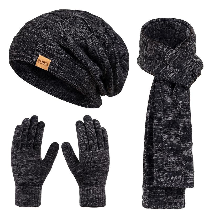 3PC Winter Beanie Scarf Gloves Set Warm Knit Hat with Fleece Lining Cozy Long Scarf and Touch Screen Gloves