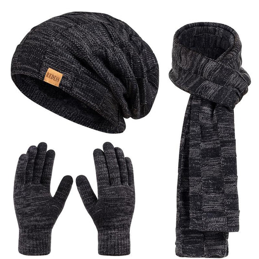 3PC Winter Beanie Scarf Gloves Set Warm Knit Hat with Fleece Lining Cozy Long Scarf and Touch Screen Gloves