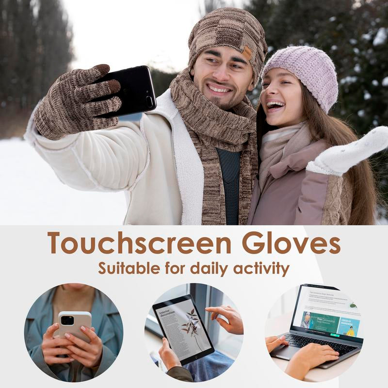 3PC Winter Beanie Scarf Gloves Set Warm Knit Hat with Fleece Lining Cozy Long Scarf and Touch Screen Gloves