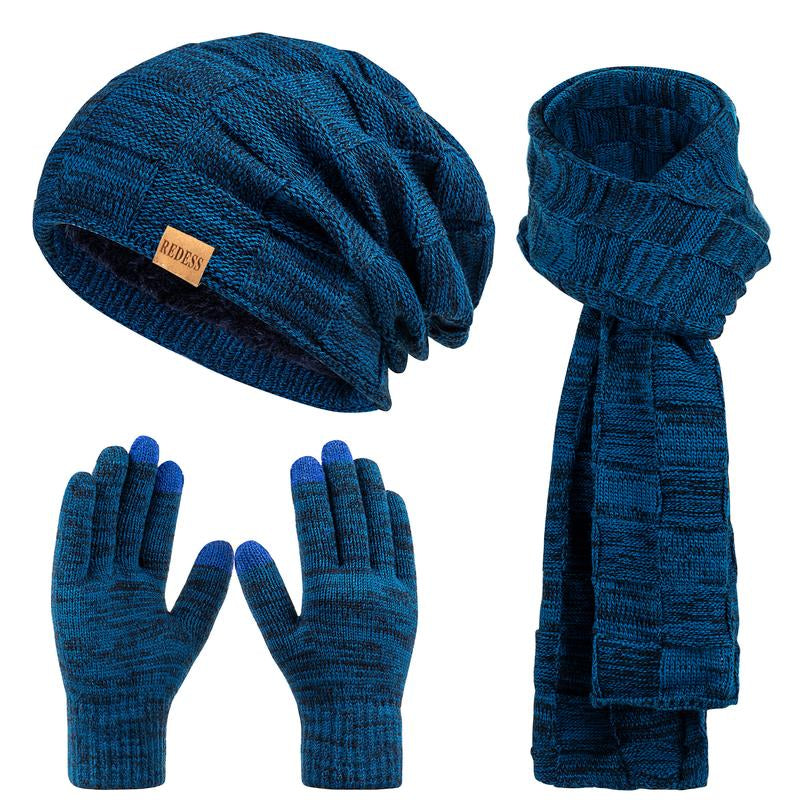 3PC Winter Beanie Scarf Gloves Set Warm Knit Hat with Fleece Lining Cozy Long Scarf and Touch Screen Gloves
