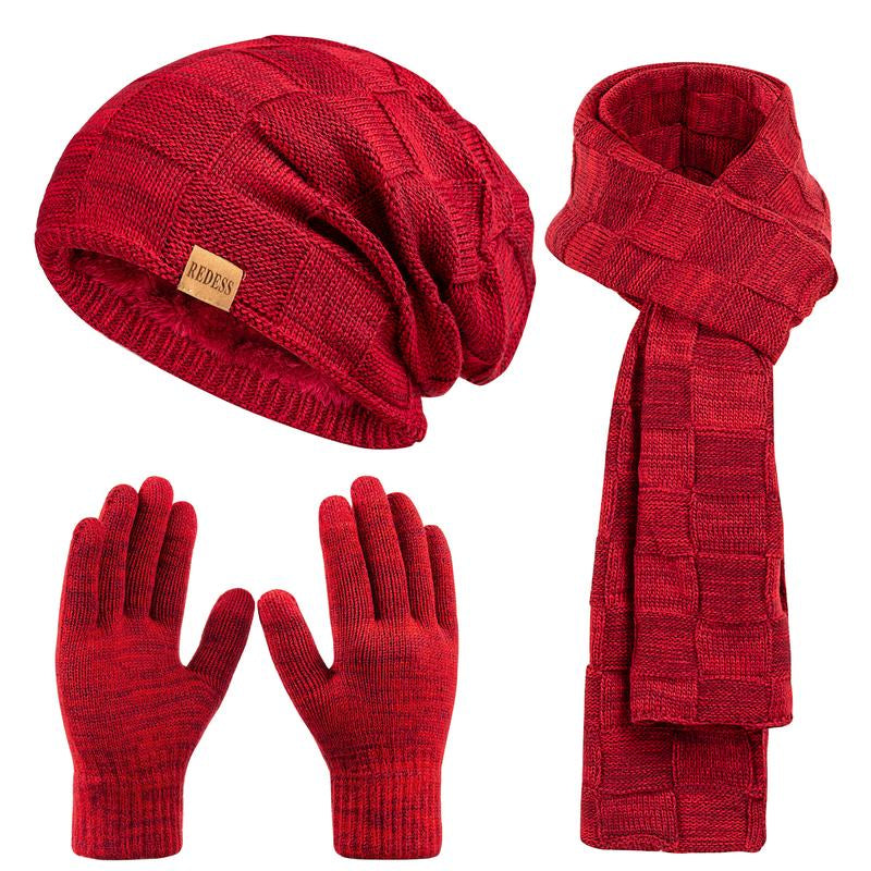 3PC Winter Beanie Scarf Gloves Set Warm Knit Hat with Fleece Lining Cozy Long Scarf and Touch Screen Gloves