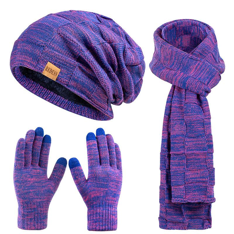 3PC Winter Beanie Scarf Gloves Set Warm Knit Hat with Fleece Lining Cozy Long Scarf and Touch Screen Gloves