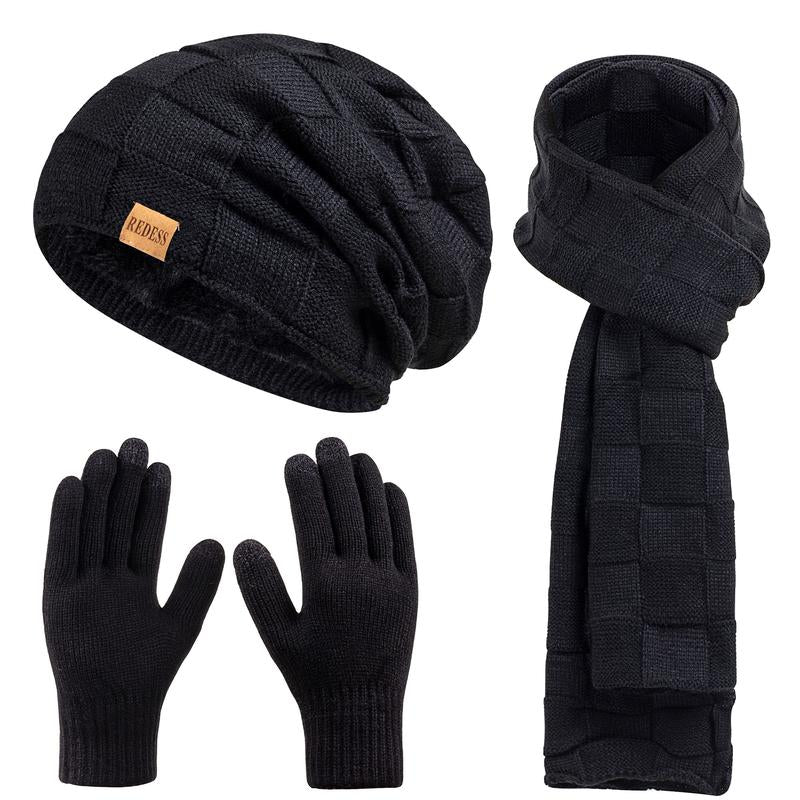3PC Winter Beanie Scarf Gloves Set Warm Knit Hat with Fleece Lining Cozy Long Scarf and Touch Screen Gloves