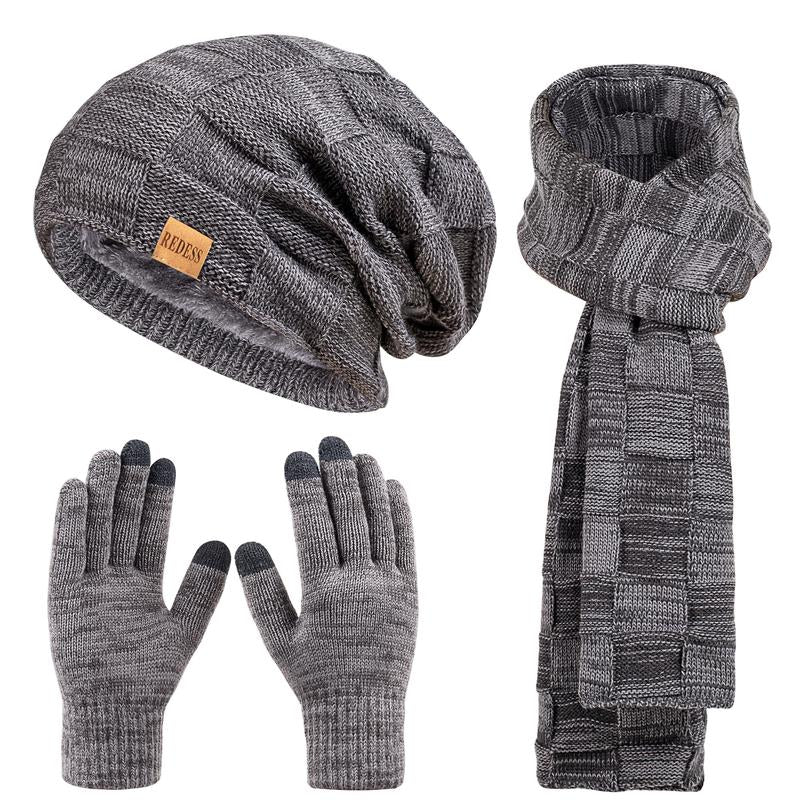 3PC Winter Beanie Scarf Gloves Set Warm Knit Hat with Fleece Lining Cozy Long Scarf and Touch Screen Gloves